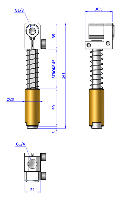 Federstößel GGS201445, für normale Bedingungen, Befestigung durch Klemmkörper Durchmesser 20 mm, Hub 45 mm, Saugeranschluss verstellbar, verdrehgesichert - Sanftes Aufsetzen und Höhenausgleich